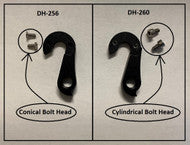 Side by side image to compare a DH256 and DH260 derailleur hanger