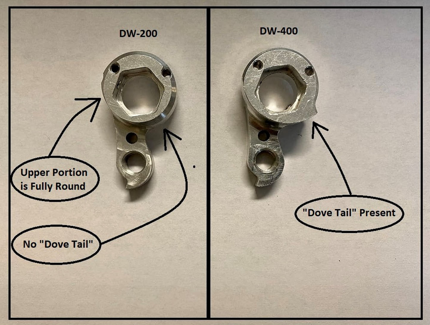 Side by side image of a DW-200 and DW-400 hanger for comparison.
